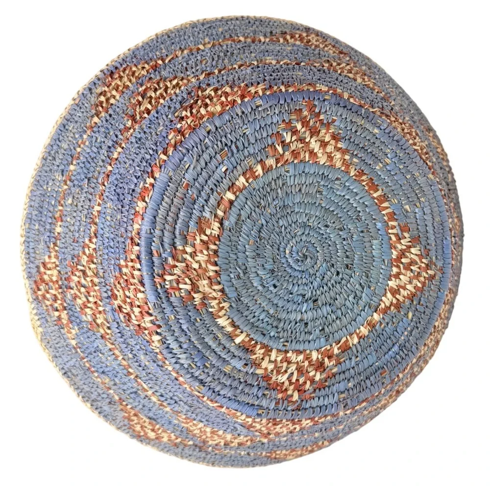 Large Handwoven Coil Basket Bowl Blue Geometric Boho African Decor 15 in Vintae